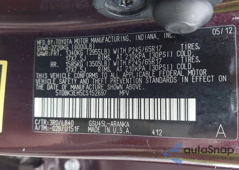 2012 Toyota Highlander Base V6/Se V6 from USA, damaged, VIN 5TDBK3EH5CS152697